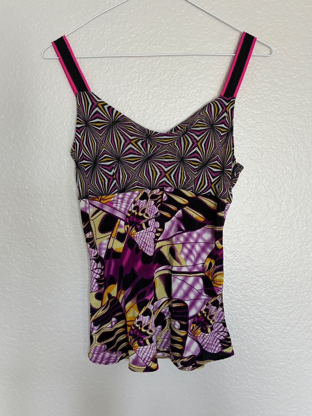 VTG 100% Silk Matthew Williamson Purple Pink Cowel Neck Abstract Print Tank Top